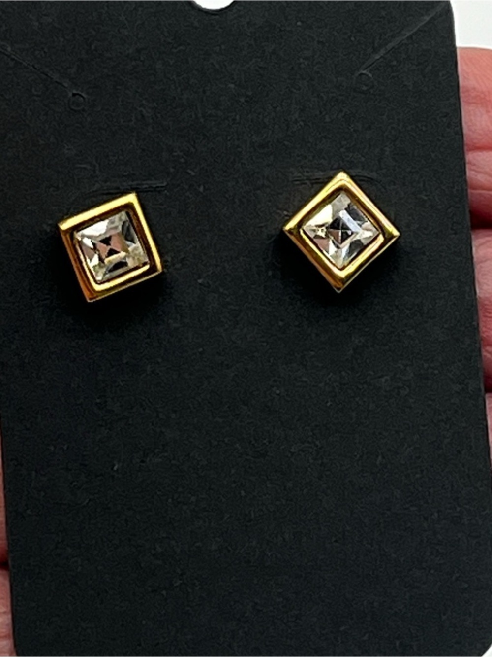 Monet Gold-Tone Square Crystal Stud Earrings Pierced Diamond Shape Small 70's
